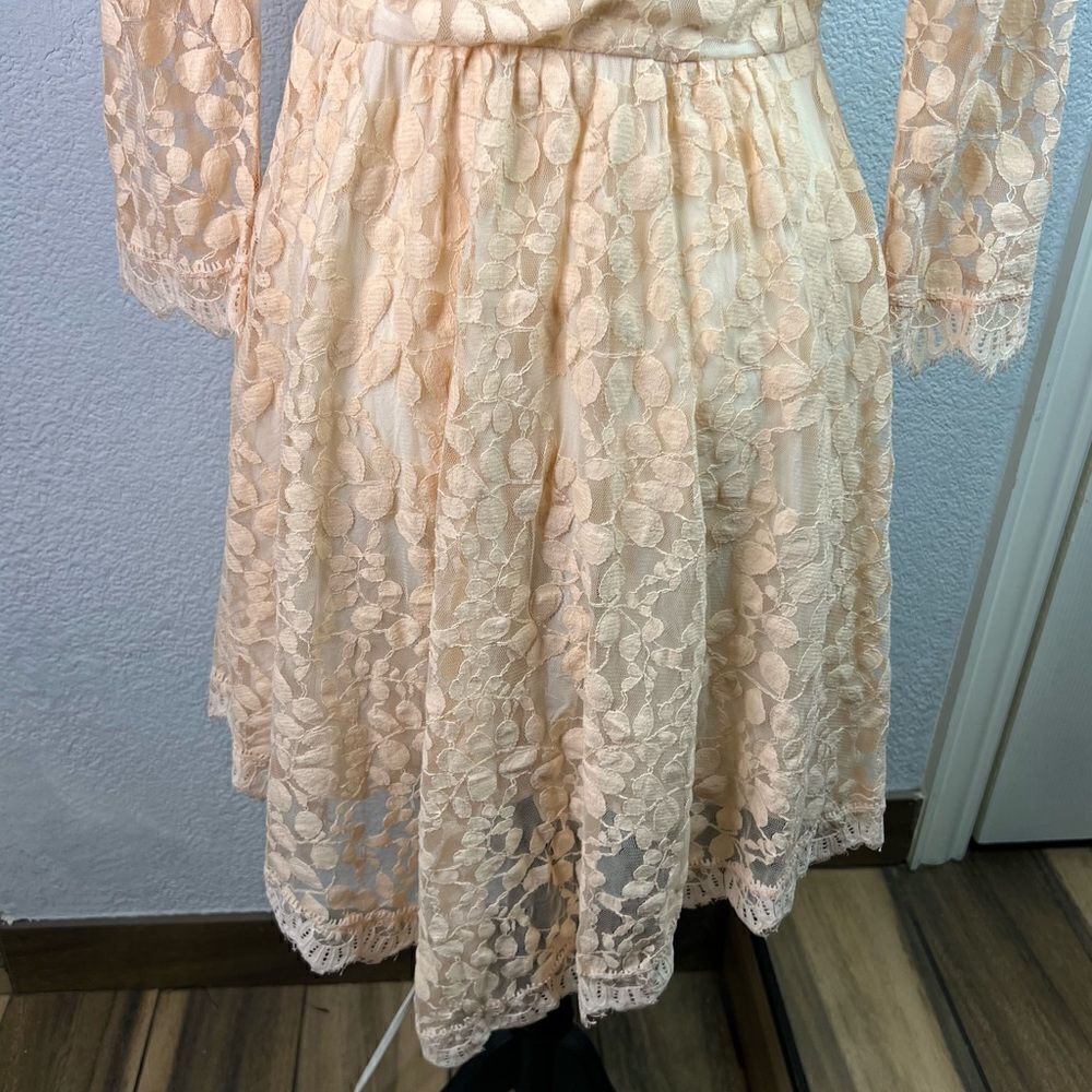 Free People Floral Mesh Lace Peach Lined Long Sleeve High Low Mini Dress Sz S - Picture 7 of 15